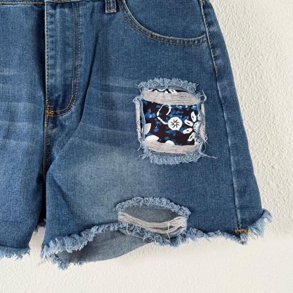 Floral Patchwork Raw Hem Denim Shorts Medium Boho Festival Edgy High Waist - Picture 4 of 12